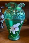 Fenton Hand Painted Glass Vase Designer Showcase Series Signed Green Iridescent