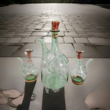 Vintage Hand Blown Green Glass Italian Wine Decanter w/ Ice Chamber 3pc. Set