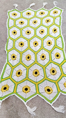Handmade Crochet Throw Blanket Yellow and White Sunflower Hexagon Design 70 x 35