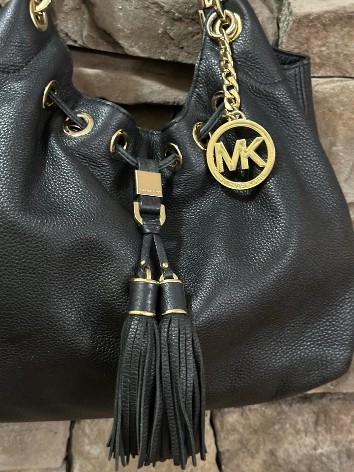 Michael Kors Camden Shoulder Bag Tote Tassel Grommet Black Leather Hobo Foto 2 de 4