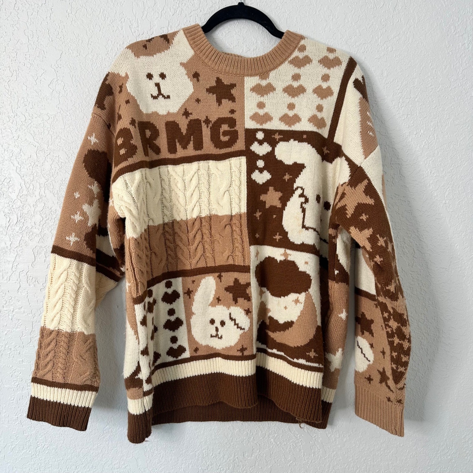 YWFG Cartoon cute bunny Animal Knit patchwork sweater  Brown Cream Medium