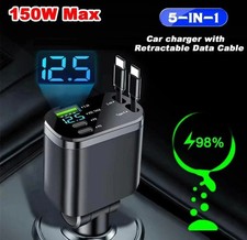 5-in-1 Retractable Car Charger 120W with USB Type C Cable - Fast Phone Charger