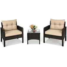 3PCS Outdoor Rattan Conversation Set Patio Garden Furniture Cushioned Sofa Chair
