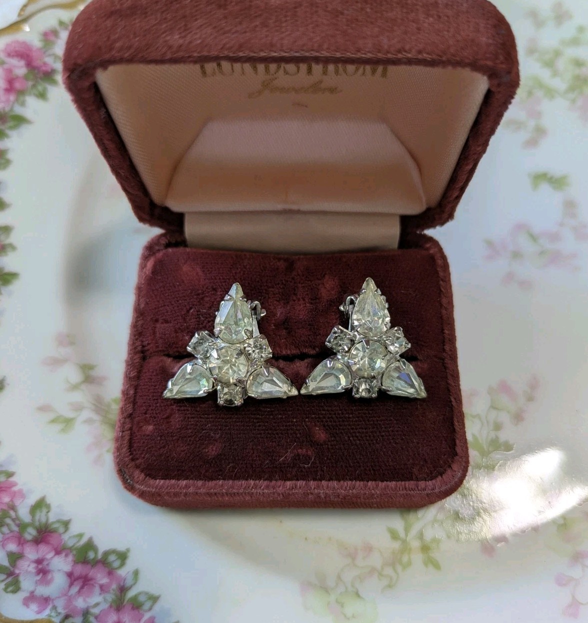 Vintage Triangular Silver Tone Clear Rhinestone C… - image 1