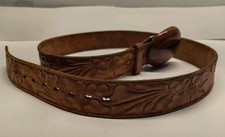 Vintage Justin Tooled Leather Belt Mesquite Wood Buckle Western Cowboy
