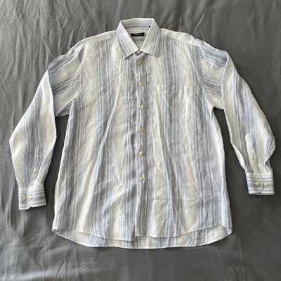 Canali Shirt Men's Size L Large Flax Button Up Long Sleeve Blue Stripes Italy