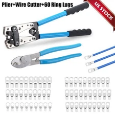 Battery Cable Lug Crimping Tool Wire Crimper 10-0AWG + Wire cutter &60 Ring Lugs