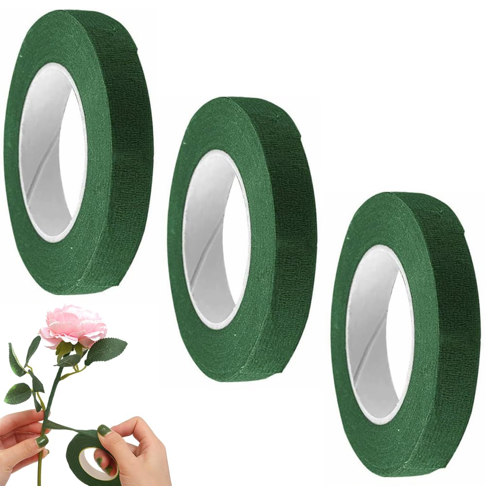 Florist Tape 3 Roll 12Mm Width Dark Green Flower Tape Bouquet Stem Wrapping 30 Y