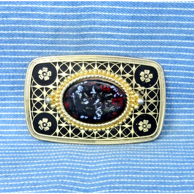 Western Belt Buckle Cowboy Cowgirl Floral Copper Glass Art Mount Vtg 80s .TYC165