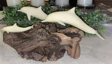 Vintage John Perry 2 Manatee & Calf Sculpture On Wood Large 14x7.5x7.5”