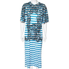 Prada Blue White Striped Cotton Printed Short Sleeve Dress M
