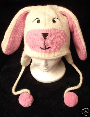 deLux tag BUNNY RABBIT HAT knit pink FLEECE LINED Easter costume ADULT cap toque