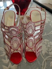 LADIES, NEW, VALENTINO SHOE, RED SILK, CRYSTALS, SIZE 8, 38.5