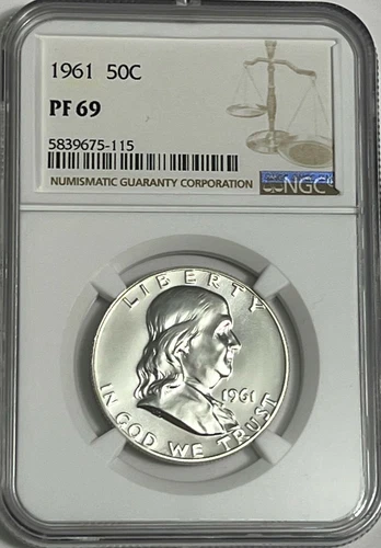 1961 NGC PF69 Silver Proof Ben Franklin Half Dollar Bright White Coin 50C White