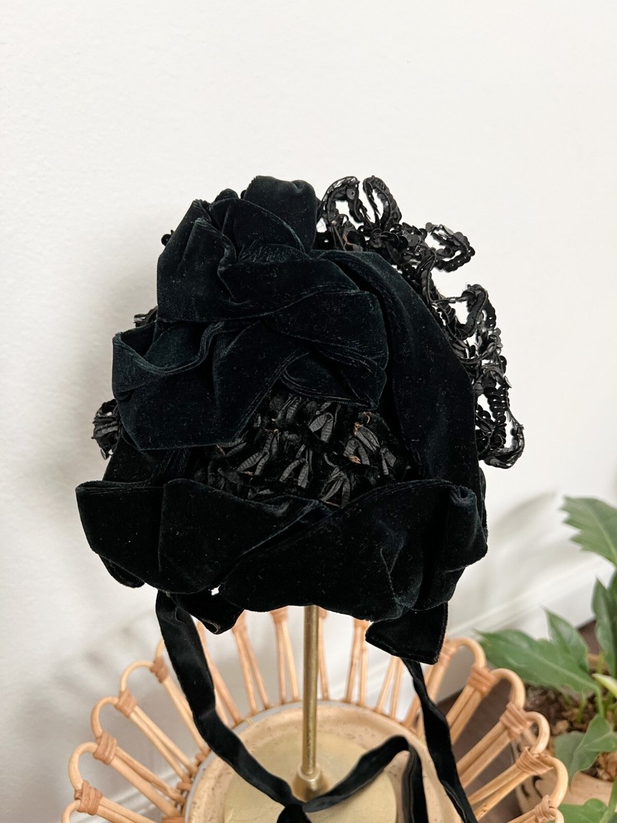 Antique 1800s Victorian Black Velvet Bonnet Hat with Sequins and