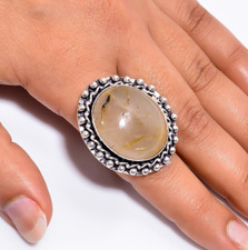 Natural Golden Rutile Quartz Gemstone 925 Sterling Silver Ring 8 US Best Gift