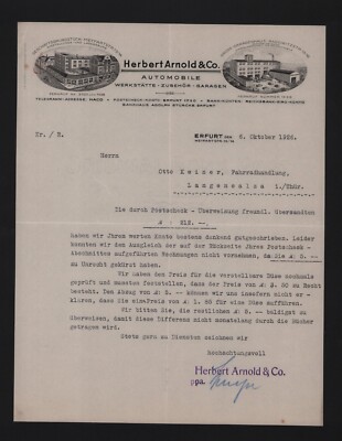 Erfurt, Letter 1926, Herbert Arnold & Co. Automotive Automobiles Workshop Accessories Ga
