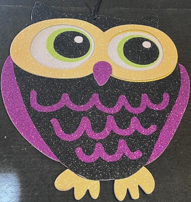 Halloween Glitter Big Eyed OWL Bird Wooden Hanging Wall Decor Greenbrier Int'l