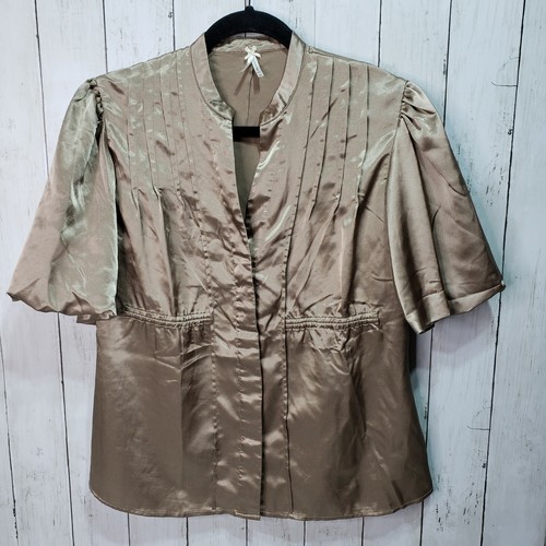 Lapis Gold Brown Women's Blouse Size Medium Button Front Poof Sleeve - Picture 2 of 6