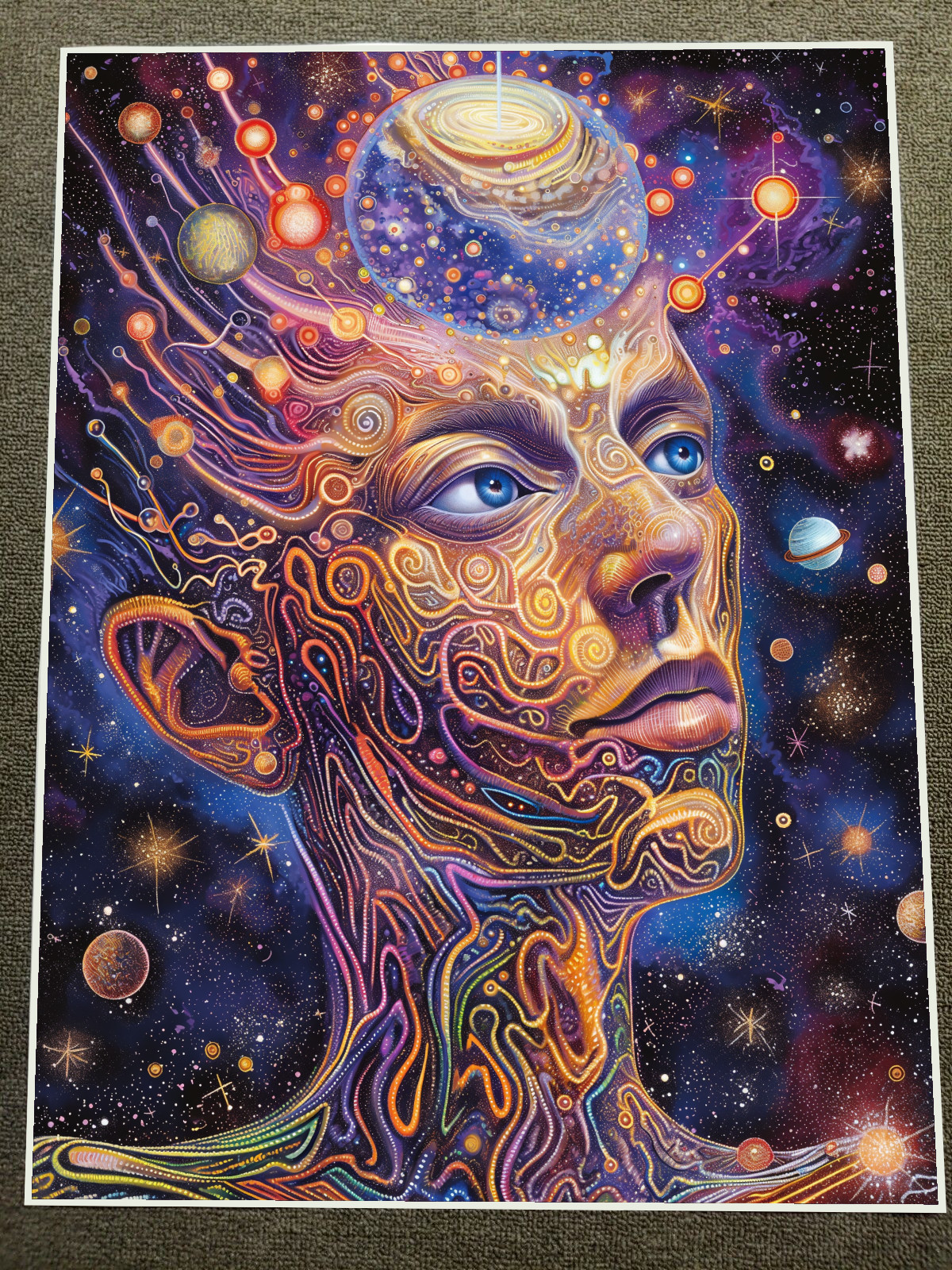 Póster Rostro humano cósmico con planetas y estrellas 18x24 pulgadas