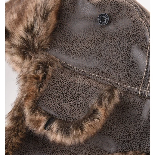 Men Russian Faux Leather Fur Hat Aviator Trapper Hat Winter Ski Ushanka Earflap - Picture 9 of 13