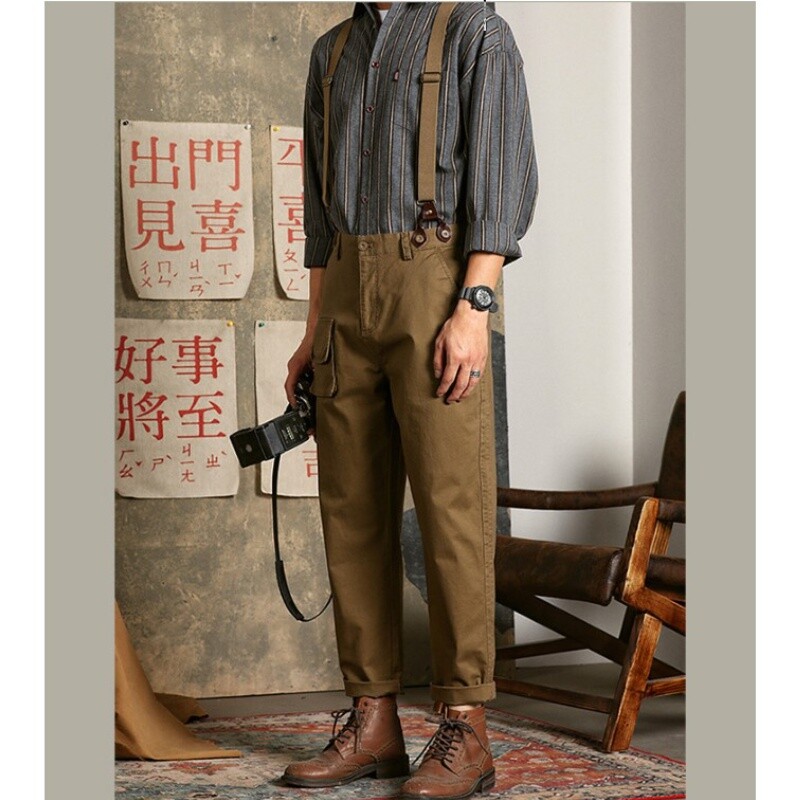 Japanese Men Cotton Dungaree Jumpsuits Pants Overalls Suspender Trousers