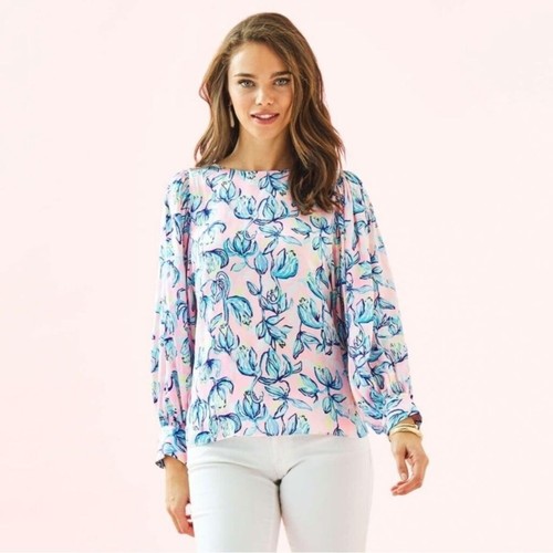 Lilly Pulitzer Maisel Top Sweet Pea Pink Chasing the Sun Floral Blouse Sz Small