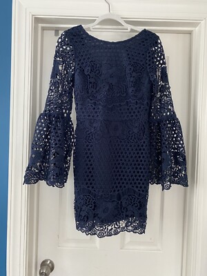 The Clothing Company Navy Blue Crochet Mini Dress Bell Sleeve Size Small |  eBay