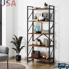 5 Tier Metal Wood Bookcase Heavy Duty Storage Shelf Modern Display Home Office