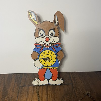 Vintage Western Germany Helmut Kammerer Rabbit Wood Rolling Eyes Wall Clock 1