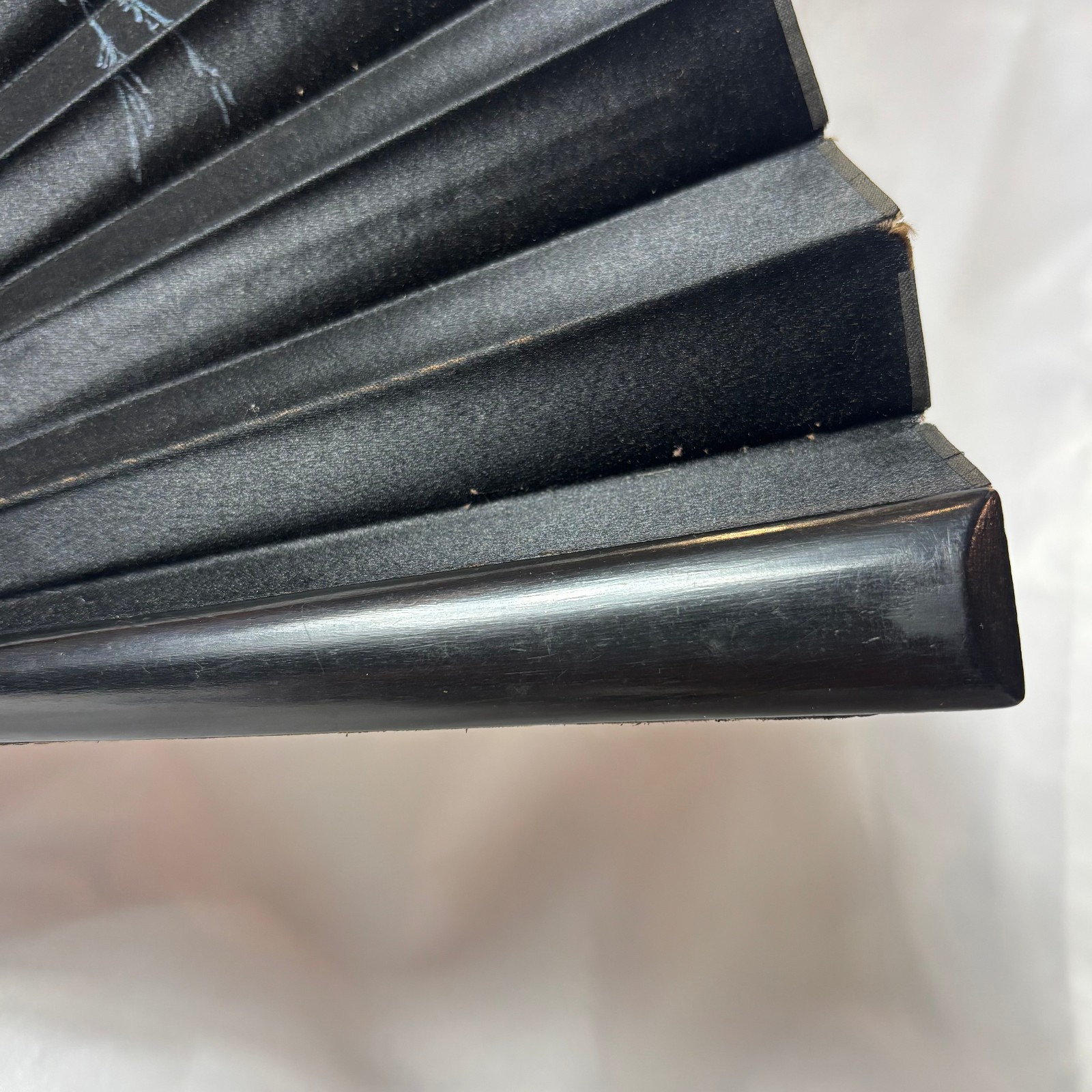 Victorian Mourning Fan Folding Black Satin Painted Flowers & Foliage Black Wood