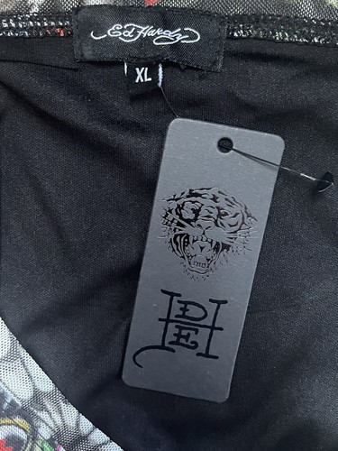 Neu mit Etikett Ed Hardy Netz gefüttertes Kleid Skelett Totenkopf Blumenmuster Tattoo-Druck gerafft Größe XL - Bild 4 von 14