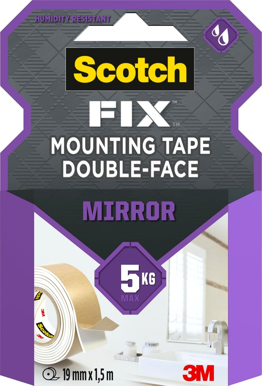 Scotch-Fix Mirror Mounting Tape 4496W-1915-P, 19mm x 1,5m, 1 roll/pack (Packagi