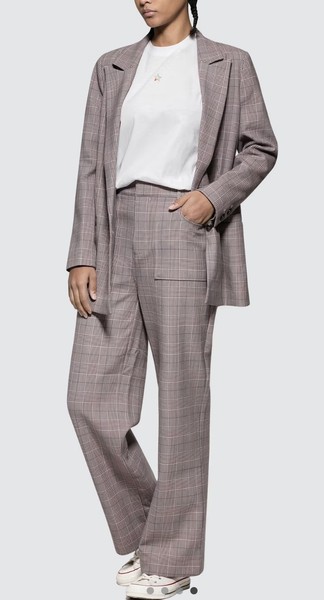 Ganni Hewitt Silver Pink Plaid Blazer & Pants Suit Set Size 42