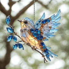 Blue Bird Acrylic Suncatcher, Faux Stained Glass Window Hanging Decor