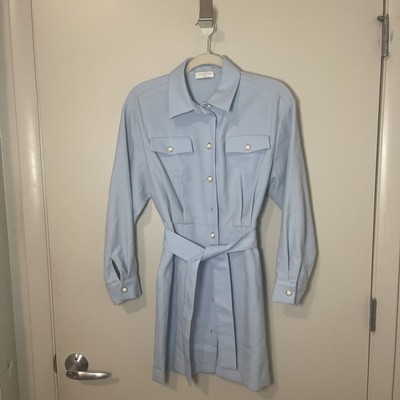 Sandro Paris Blue Belted Shirt Dress Pearl Buttons Long Sleeve Womens S Small