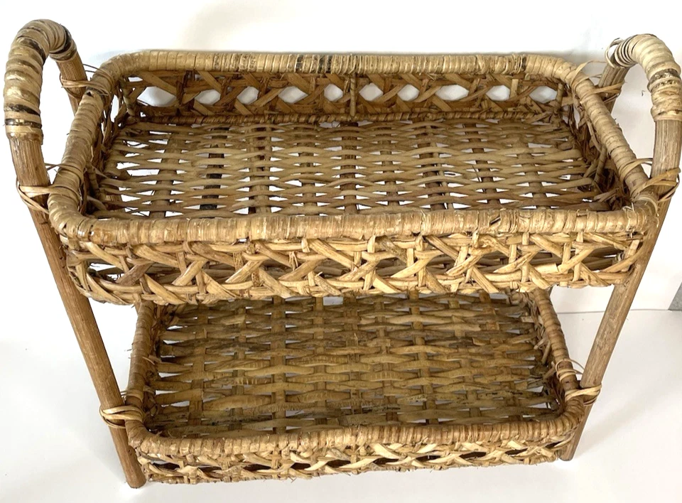 Vintage Wicker & Rattan Free Standing Shelf 2 Tiers Cottage Boho 16x14x8 - Image 3 of 4