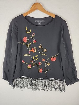 Josephine Chaus Size 12 Black Embroidered Beaded Fringe Lined Blouse 100% Silk 