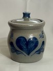 Vintage Rowe Pottery Works Salt Glazed Blue Heart Mini Crock Jar w/ Lid 1995