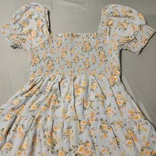 American Eagle Floral Mini Dress Womens M Blue Smocked Linen Blend Puff Sleeve