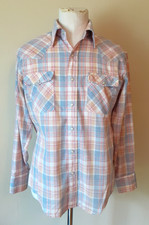 Vtg JCPenney Towncraft Western Shirt L 16 - 16.5 Blue Plaid Snaps Made in USA