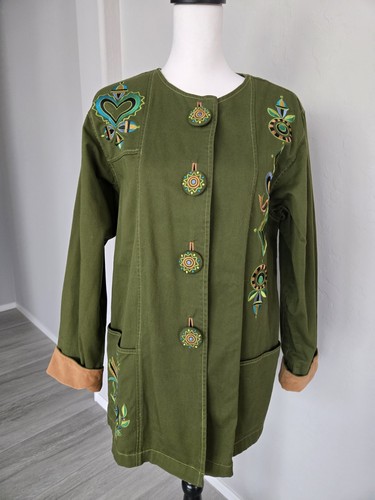 Bob Mackie Wearable Art To Wear Boho Embroidered Jacket Pea Green Multi Sz M - Picture 15 of 15