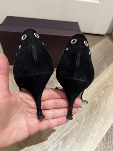 De colección Súper Raro 2000 Prada Negro Gamuza Tachonado Gatito Tacón Mules Talla 39 - Imagen 13 de 22