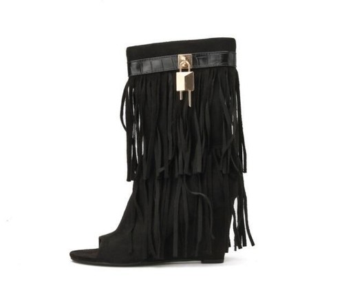 Womens Fashion Summer Peep Toe Buckle Strap Fringe Ankle Boots Wedge High Heels - Picture 13 of 18