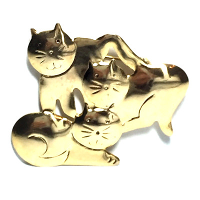 Vintage Three Kitty Cat Pin Brooch Gold Tone Large Shiny Flat Minimalist 3D