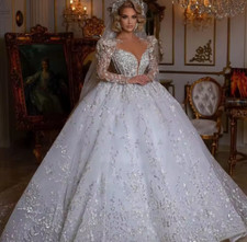 Luxury O-Neck Tulle Deep V Neck Wedding Dress Long Sleeve Vintage Bridal Gowns