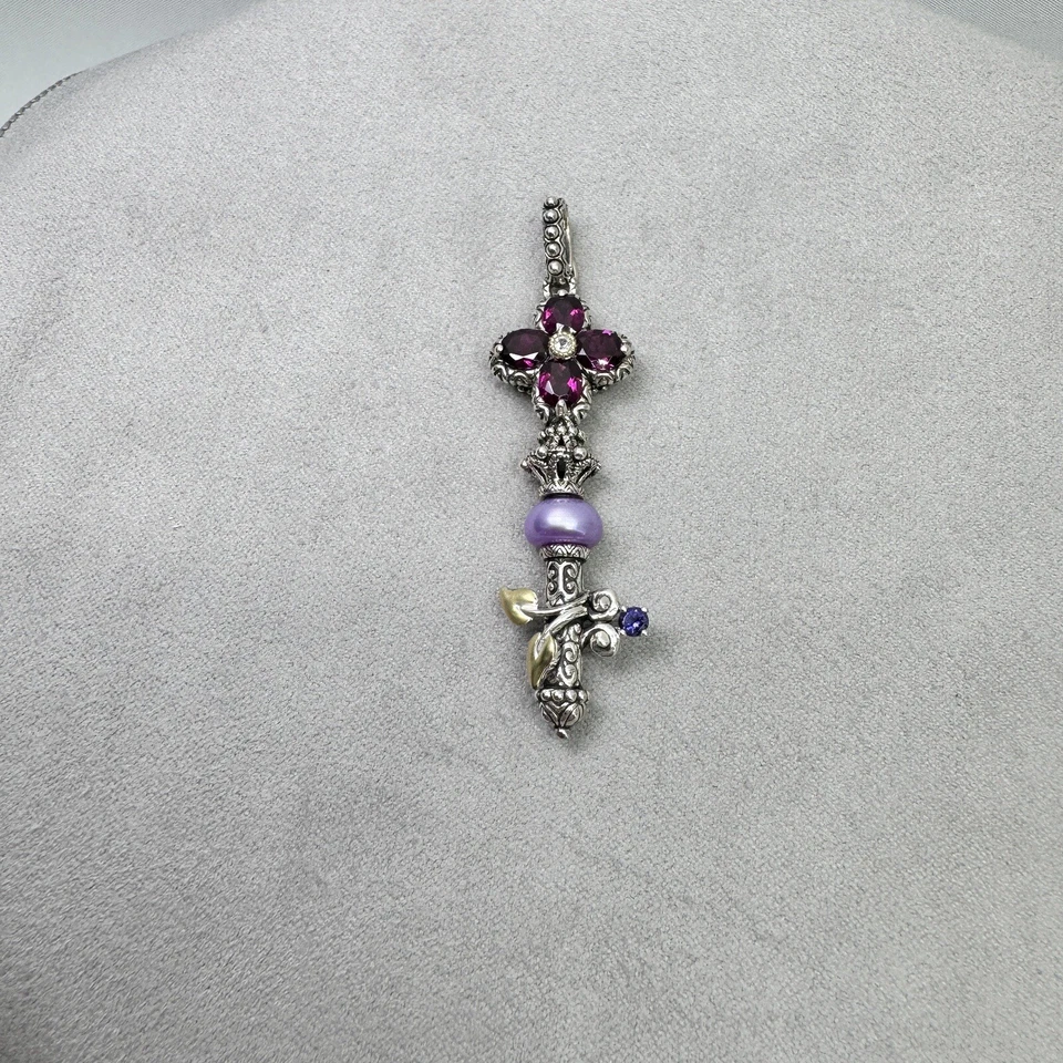 Colgante Llave Cruz Barbara Bixby Granate Iolita, Perla Oro 18k Y Plata Foto 2 de 4