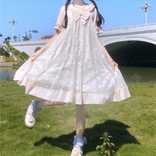 Women Floral Dress Mesh Ruffle Sailor Collar Navy Style Preppy Lolita Cute
