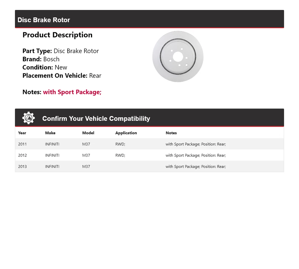 Для 2011-2013 INFINITI M37 Bosch тихий литой дисковый тормоз ротор задний 2012 - Изображение 2 из 4
