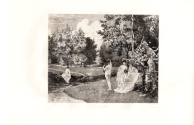 Nude Women Bathing Garden by Duran / Etching Antique Art Print [Inv#